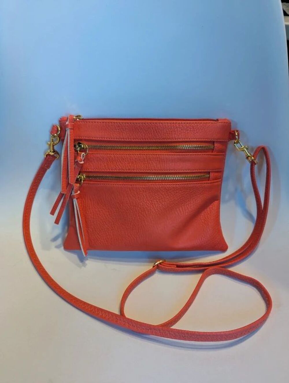 Coral Pink Leather Crossbody Bag Small Shoulder Purse with Zipper Pockets - Picture 2 of 3